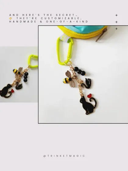 This collage shows how my customizable charms, like this black cat and bee design, are handmade and one-of-a-kind.