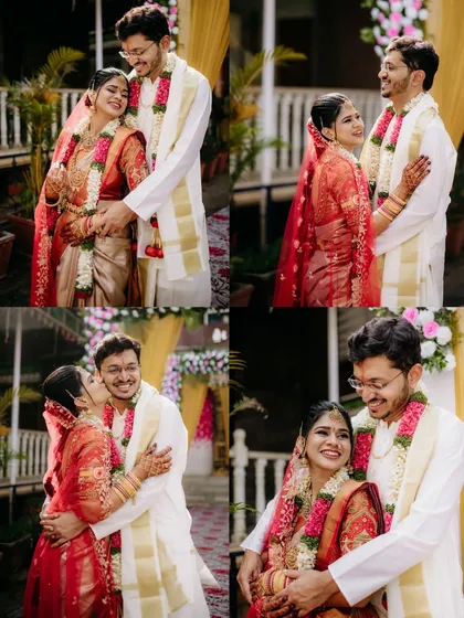 A collage of four candid moments, showcasing the couple's natural chemistry and happiness throughout their wedding celebration.