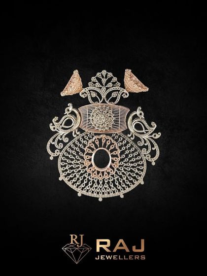 A versatile pendant and earring mounting set. The design is abstract and ornate, providing a beautiful foundation that can be customized with any color of gemstone to match a specific style or occasion.