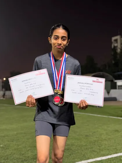 Vihana Gala with her hard-earned medals and certificates. She and her teammate Sanika were a dominant force in the sprints and relay.