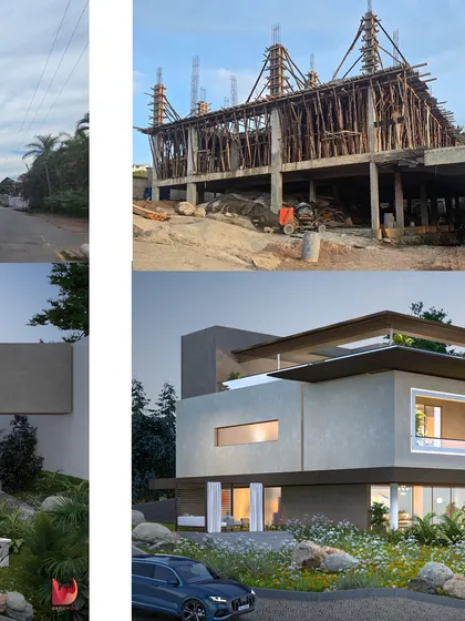 Another before-and-after comparison for the Tanzania project, showing the concrete structure taking shape against the final rendered design.