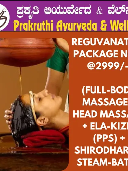 I have created this comprehensive Rejuvenation Package for a complete head to toe wellness experience. It combines a full body massage, head massage, Ela-Kizhi, Shirodhara, and a steam bath to leave you feeling completely refreshed.