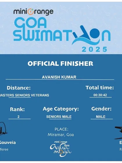 An official finisher certificate from the Goa Swimathon 2025. This is what ownership looks like: taking responsibility for your own hard work.