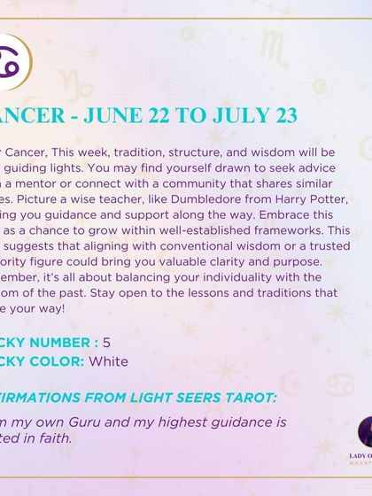 This weekly prediction for Cancer encourages you to follow tradition, structure, and wisdom. It’s a time to seek advice from a mentor or connect with a community that shares similar values.