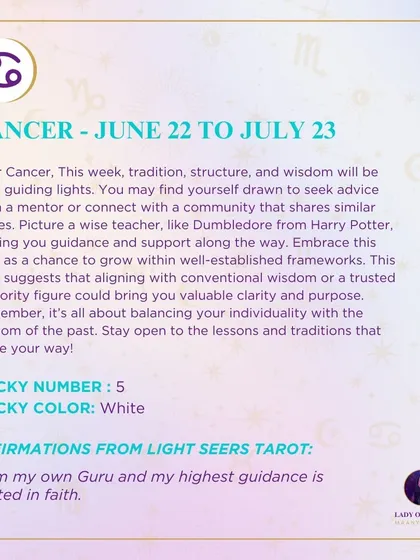 This week's tarot guidance for Cancer. Tradition, structure, and wisdom will be your guiding lights. You may find yourself drawn to seek advice from a mentor.