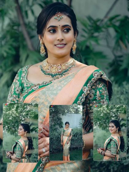 A collage showcasing the bride's stunning engagement look. The main portrait is complemented by smaller frames showing different angles and her full attire.