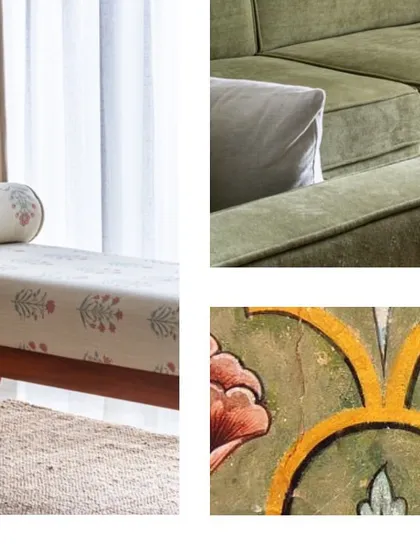 A mood board in collage form, showing the inspiration behind a design. The floral pattern on the daybed, the texture of the sofa, and the traditional Indian motif all come together to tell a story.