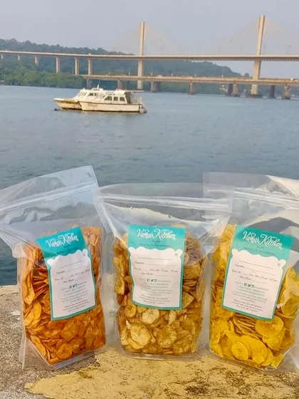 My homemade chips are the perfect companion for any journey. Here they are, enjoying the view in Goa, packed in resealable pouches to stay crisp and fresh, no matter where your travels take you.