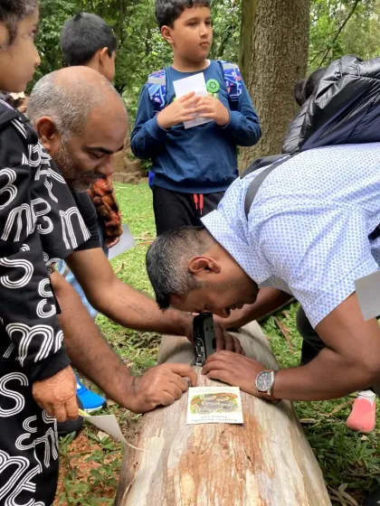 Even the parents get in on the action! Here, a father uses a magnifier to inspect a fungus on a log, sharing the moment of discovery with his child.
