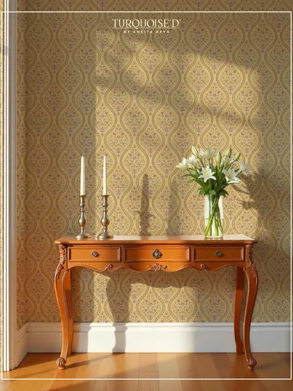 Sunlight streams across the Zaina All Over wallpaper, highlighting its delicate, flowing pattern. This design, shown in a warm beige, fills the entryway with a sense of calm and understated elegance reminiscent of a classic Pashmina shawl.