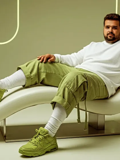 A relaxed, contemporary pose in a minimalist setting. This shows the more laid-back side of my artist persona, reflecting the soulful house vibes I sometimes produce.