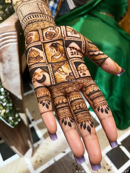 A collection of designs with fresh henna paste, showing the clean lines and 3D effect before the paste dries and falls off.