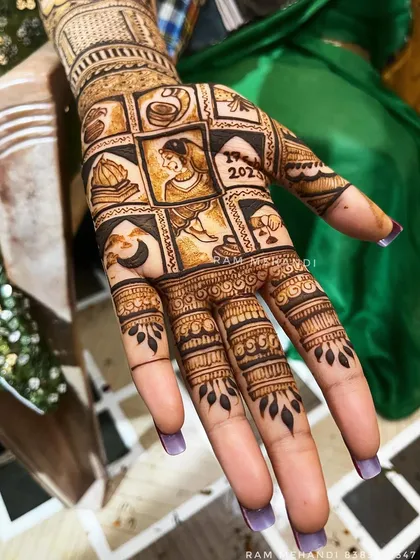 A creative design on the back of the hand using a grid format to showcase different small icons and portraits, including the wedding date.