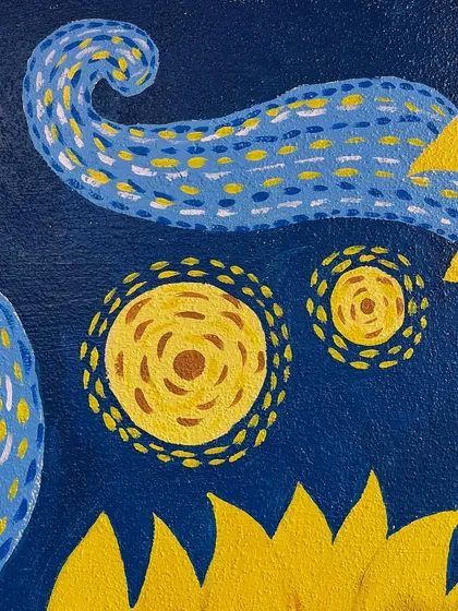 A macro view of the swirling patterns in the sky, showing the dot and dash brushwork used to emulate Van Gogh's post-impressionist technique.