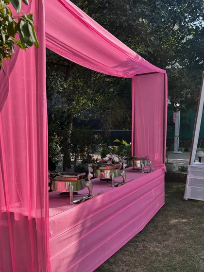 A canopied buffet station with pink drapes, perfect for daytime mehendi or sangeet functions.