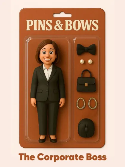 Our AI-generated toy concept for "The Corporate Boss." This fun set shows that even a professional look can be stylish, featuring accessories like a classic black bow, pearl earrings, and a mini handbag.