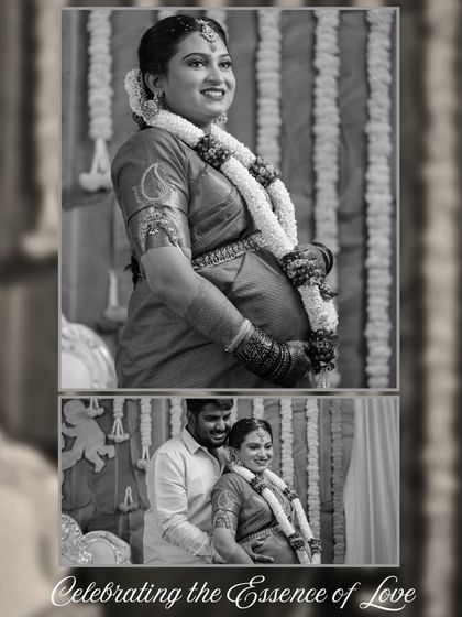 A timeless black and white collage celebrating the love and anticipation of a baby shower. These portraits of the mother-to-be and the couple capture the deep emotional essence of the occasion.