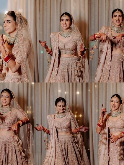 A bride who is ready to dance. This collage captures her playful energy, and her makeup is set to last all night.