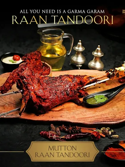 There is nothing quite like a perfectly cooked Mutton Raan Tandoori. Marinated for hours in my special blend of spices and cooked over live charcoal until it's tender and smoky, this is the dish that becomes the centerpiece of any mehfil. It is served hot and ready to be devoured.