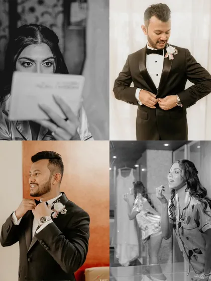 A collage of the bride and groom getting ready separately. It builds the anticipation for the moment they will finally see each other.