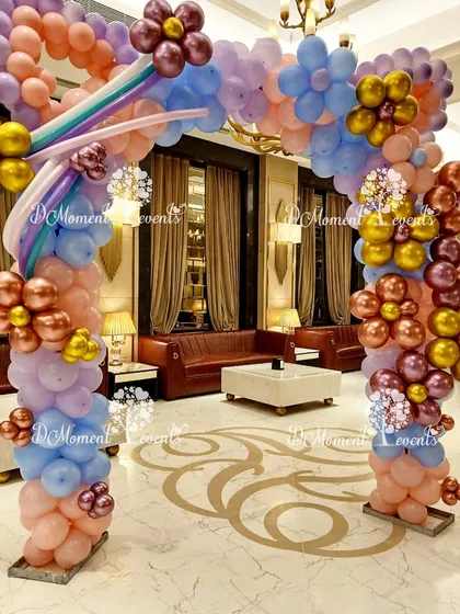 A detailed view of the unicorn-themed balloon bow entrance, showcasing the careful arrangement of colors and custom-shaped balloons.
