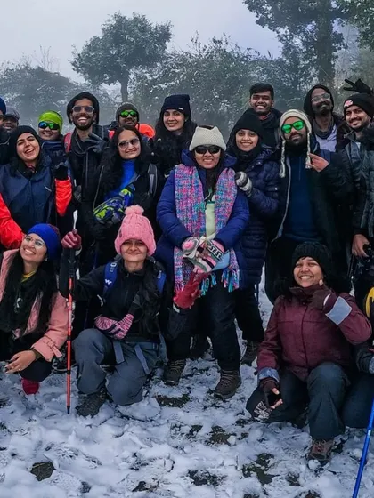 A happy group photo from our Brahmatal trek. The smiles and warmth shared on the trail make the cold winter worth it.
