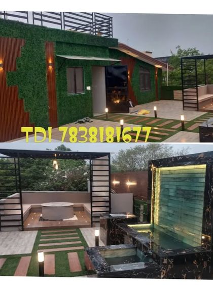 Another view of the Noida Sector 41 project, showing the complete transformation with the porta cabin, pergola, and fountain all integrated into one design.