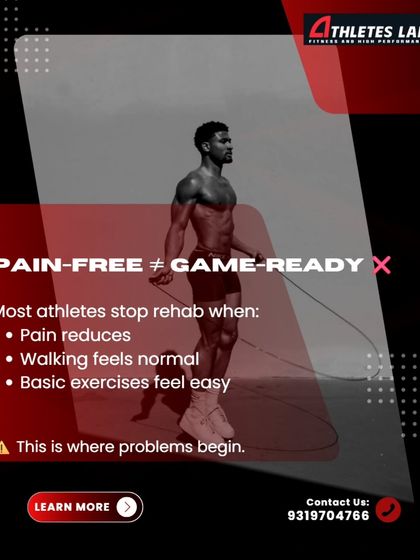 This image powerfully communicates our core philosophy: pain-free does not equal game-ready. We educate athletes that stopping rehab too early is where problems begin, and true recovery means rebuilding strength and power for the demands of their sport.