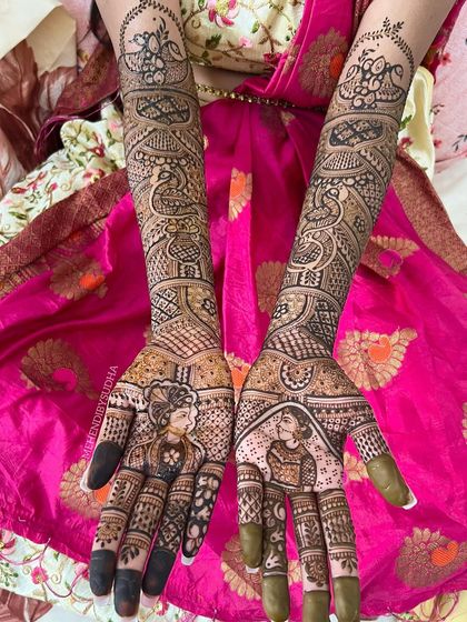 A classic take on personalization with bride and groom figures in traditional wedding attire. The design is filled with detailed patterns and peacock motifs, perfect for a traditional ceremony.