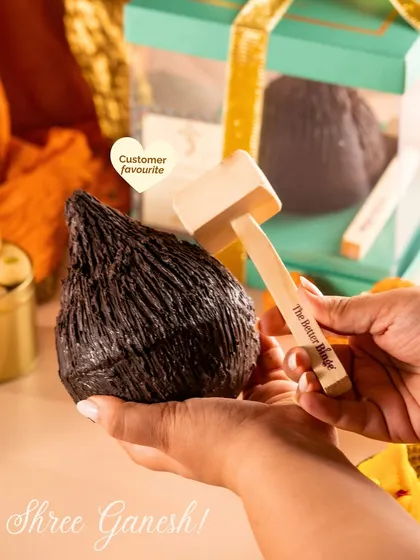 This customer-favorite Shree Ganesh Coconut Piñata comes with a small wooden hammer for the most satisfying smash. It's a joyful and delicious addition to your Ganpati celebrations.
