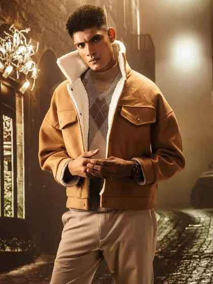 A moody, cobblestone alley at night, created with projection. The lighting is dramatic and focused, highlighting the model's powerful stance and the texture of his jacket.