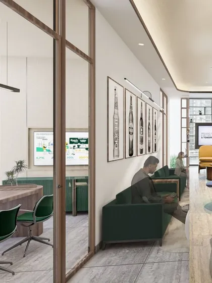 A 3D render of an office lounge area, showcasing the planned layout, color scheme, and artwork. This serves as a vital communication tool with the client before construction.