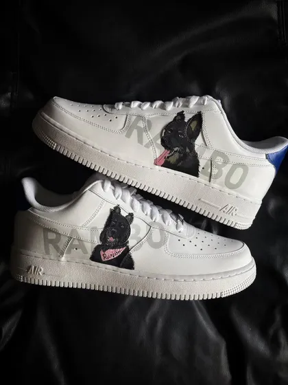 The full pair of Rambo custom sneakers, a perfect gift for any dog lover.