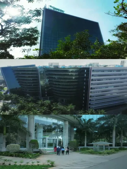 A collection of shots showcasing the unique architecture and green spaces of the Schneider Electric campus, demonstrating how the building integrates with its landscape.