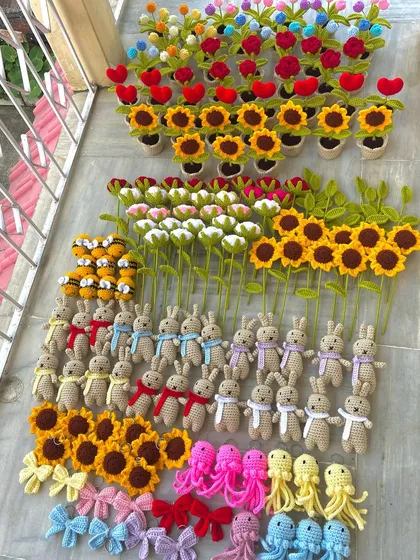 Another view of the massive order, with amigurumi bunnies, bees, and jellyfish.