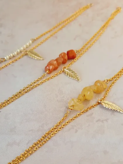 A closer look at my gemstone and pearl bracelets. The combination of natural stones and classic pearls with the gold chain creates a beautiful, earthy look.