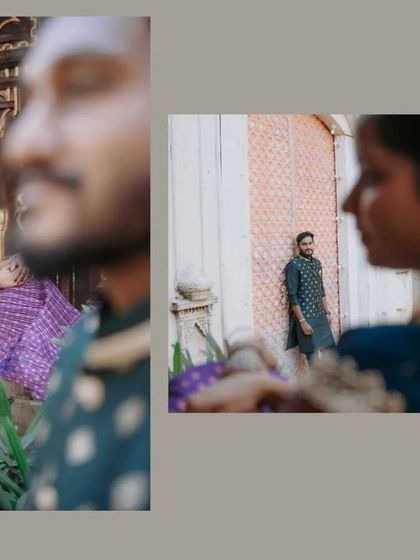 A creative composition focusing on the bride-to-be in her beautiful saree, with the groom-to-be softly blurred in the foreground.