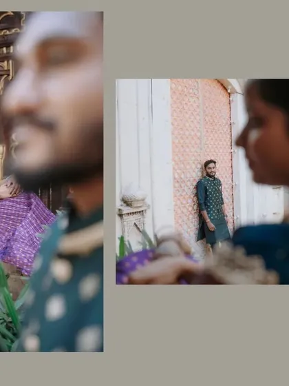 A creative composition focusing on the bride-to-be in her beautiful saree, with the groom-to-be softly blurred in the foreground.