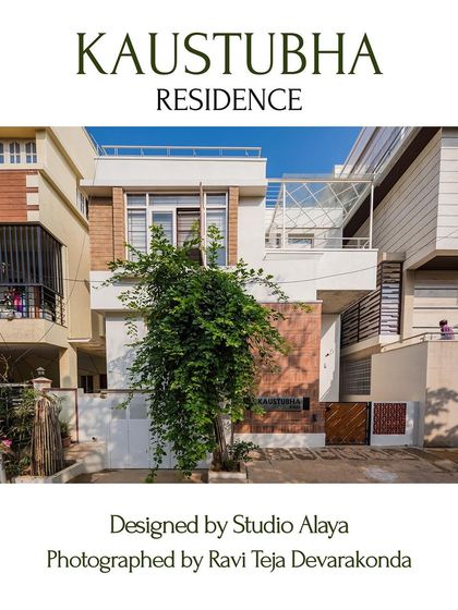 The Kaustubha Residence, nestled in a Bangalore neighborhood. The design uses a clean, modern aesthetic while incorporating green spaces and large openings to connect with the tree-lined street.