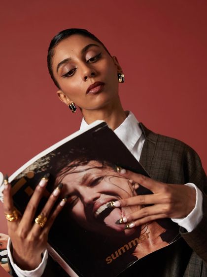 Dolly Singh looking powerful and chic with her custom fabric press-on nails. I'm so grateful for the opportunity to work with such an icon.