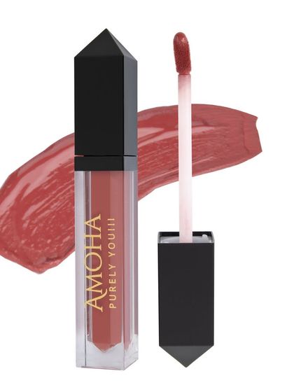 A dusty rose liquid lipstick with its applicator and a swatch, demonstrating the color and creamy texture.