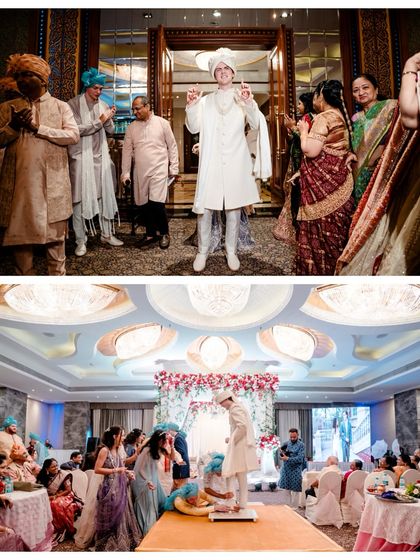 A collage showing the groom's energetic entry and his arrival at the mandap. We document the entire journey of the ceremony, from start to finish.