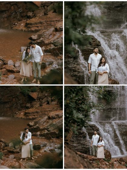 A four-panel collage that highlights different moments from a single waterfall scene, from posed portraits to candid interactions.