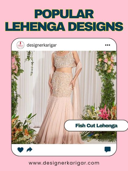 The fish cut lehenga, similar to the mermaid style, is fitted through the thighs and flares out at the bottom. This soft pink version with heavy embellishment is both elegant and modern.