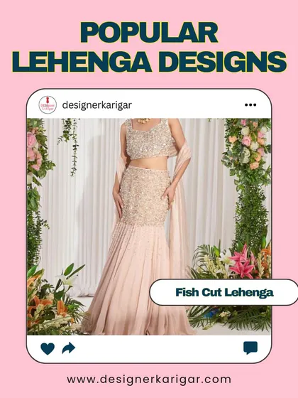 Also known as a mermaid cut, this fish-cut lehenga in a soft peach color is adorned with heavy embroidery, offering a sophisticated and modern bridal look.