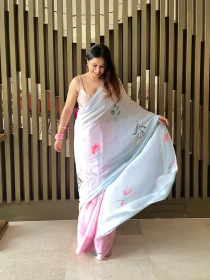 A closer look at the custom-printed saree for the Roka. The lightweight georgette fabric and delicate print make it an easy-to-wear yet beautiful option for family members.