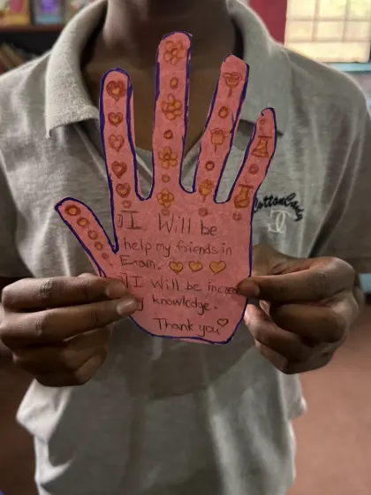 "I will be helping my friends in exam." A child's heartfelt promise written on a craft hand. These activities encourage self-reflection and a commitment to positive actions.