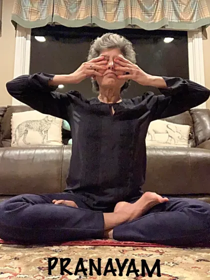 Pranayam, or breathwork, is central to my holistic yoga teaching. Here, I am practicing Bhramari (Bee Breath), a technique I teach to help calm the nervous system and quiet the mind.