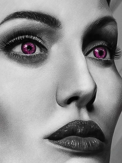 An extreme close-up of my Maleficent portrait. Here you can see the fine details in her eyes, the subtle shading on her skin, and the texture of her makeup, all done in a striking black and white style.