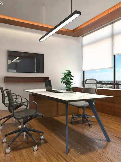 A 3D concept for a Managing Director's cabin. The design features a modern desk, warm wood flooring, and large windows with city views to create a bright, impressive, and comfortable executive office.